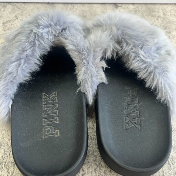 Victoria Secret PINK  Faux Fur Blue Grey and Black Slides Limited Edition Size 7 - Picture 6 of 9